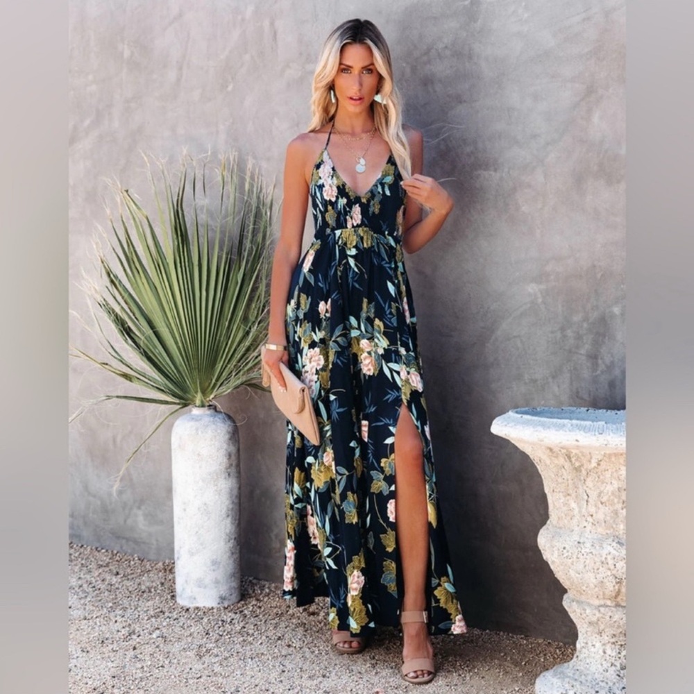 Aakaa Black and Green Floral Maxi Dress